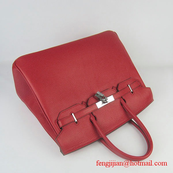 Hermes 35cm Embossed Veins Leather Bag Red 6089 Silver Hardware